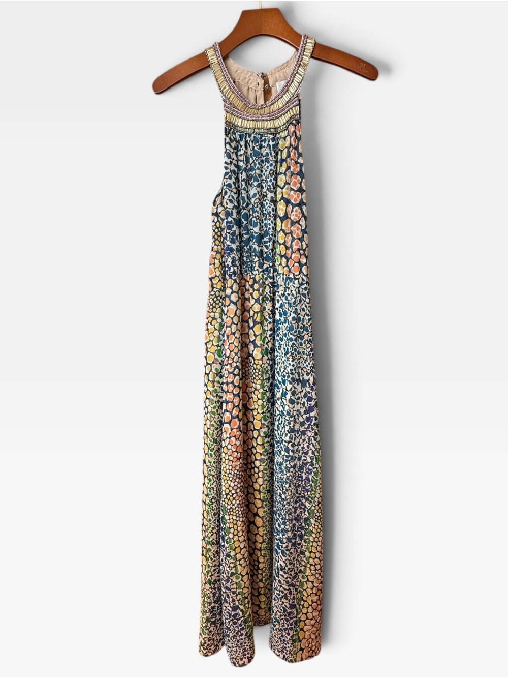 HD in Paris Anthropologie Beaded Halter Maxi Dress Giraffe Print 2